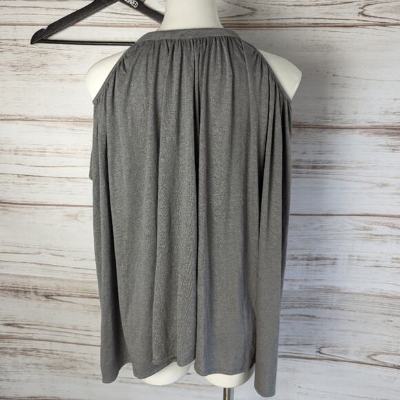 Deletta Gray with gold shimmer cold shoulder flowy top sz XS/S - Picture 5 of 7